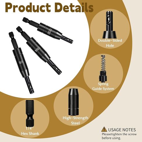 Self-Centering Drill Bit Set - 3 Piece VIX Bits with Hex Key & Bit Holder, 3/32", 7/64", 1/8" Center Hinge Drill Bits, 1/4" Hex Shank for Precision Pilot Holes in Kuwait