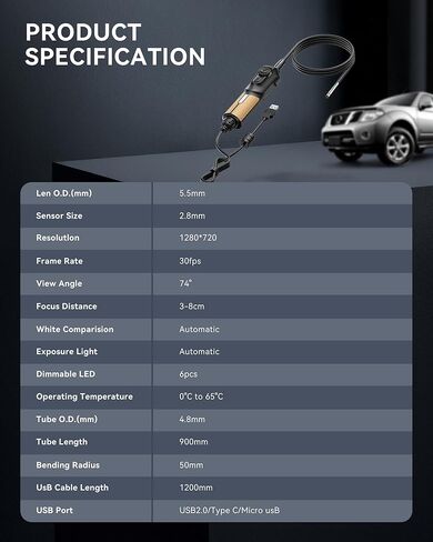 THINKCAR TES102 كاميرا المنظار مع الضوء، 0.21 بوصة HD Borescope مع 6 مصابيح LED قابلة للتعديل، IP67 كاميرا ثعبان شبه صلبة مقاومة للماء، بنقرة واحدة لقطة التفتيش Borescope in Kuwait