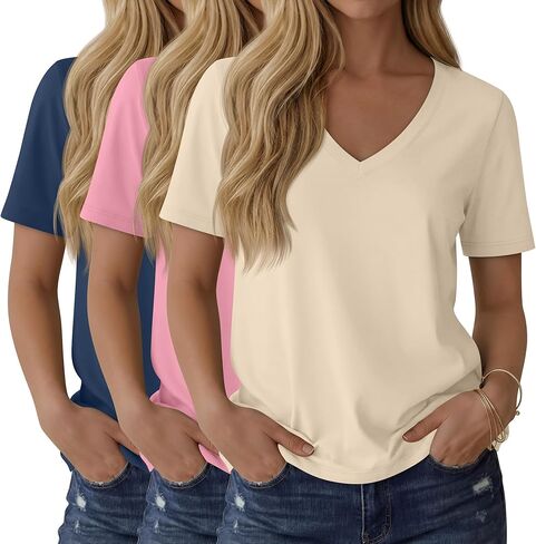 Ficerd 3 Pack Women's Short Sleeve Tunic Tops, V Neck Curved Hem Shirt Casual Summer Basic Tshirts Tee Blouse in Kuwait