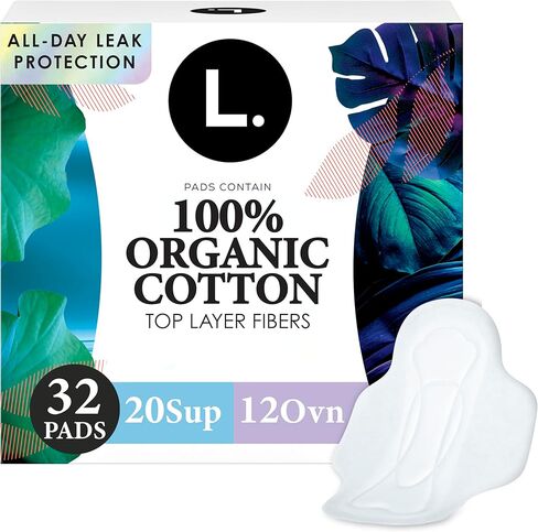 L. Ultra Thin Pads for Women, Organic Cotton Top Layer, Super + Extra Long Overnight Duo Pack Absorbency, Menstrual Pads with Wings, 32 Count in Kuwait