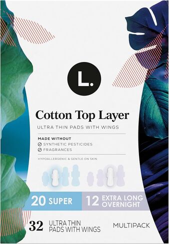 L. Ultra Thin Pads for Women, Organic Cotton Top Layer, Super + Extra Long Overnight Duo Pack Absorbency, Menstrual Pads with Wings, 32 Count in Kuwait