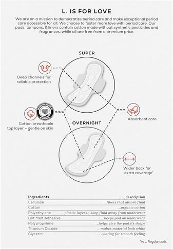 L. Ultra Thin Pads for Women, Organic Cotton Top Layer, Super + Extra Long Overnight Duo Pack Absorbency, Menstrual Pads with Wings, 32 Count in Kuwait