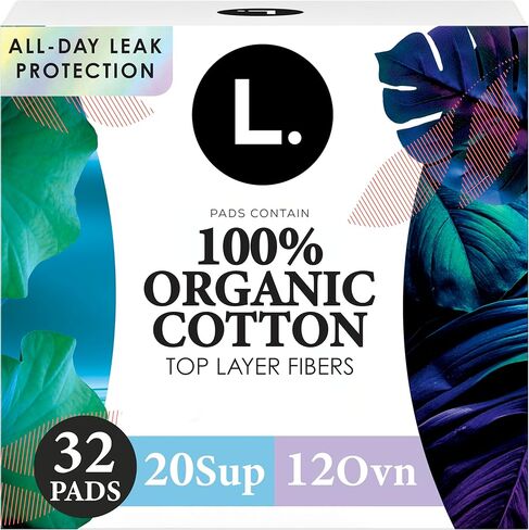 L. Ultra Thin Pads for Women, Organic Cotton Top Layer, Super + Extra Long Overnight Duo Pack Absorbency, Menstrual Pads with Wings, 32 Count in Kuwait