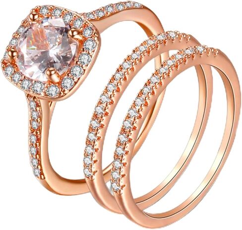 18K Rose Gold Plated Round Cubic Zirconia Three-in-One Halo Wedding Engagement Square Eternity Rings Set Women's Band for Bridal Mom Lover in Saudi Arabia