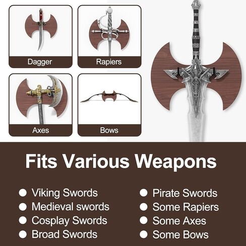 حامل حائط على شكل سيف من الخشب الصلب، رف عرض سيف عمودي مع خطافات قابلة للتعديل لسيف العصور الوسطى والفأس والخنجر والقوس، ولوحة متينة من خشب الزان لديكور المنزل وعرض المجموعة in Kuwait