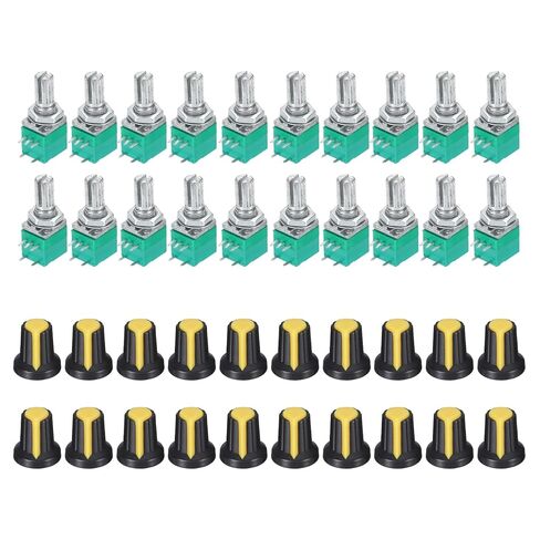 MECCANIXITY 20 مجموعة B10K أوم الجهد مع التبديل، 5 دبوس المقاومات المتغيرة مجموعة الجهد الدوارة الخطية واحدة مع غطاء مقبض للتحكم في مستوى الصوت مكبر للصوت، RV097NS، أسود / أصفر in Kuwait