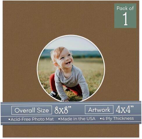 CountryArtHouse Aged Oak Brown Acid Free 8x8 Circle Picture Frame Mat with White Core Bevel Cut for 4x4 Pictures - Fits 8x8 Frame - Pack of 1 Matboard Show Kit with Acid Free Backing & Clear Bag in Kuwait