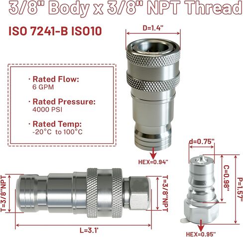 استبدال NPT مقاس 3/8 بوصة لوصلات التوصيل السريع الهيدروليكية 7J417-66220 7J417-66320، ISO7241-B، 4000 رطل لكل بوصة مربعة، مع أغطية غبار (مجموعتان) in Saudi Arabia