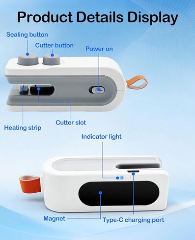 3-in-1 Mini Bag Sealer with Cutter and Magnet,Rechargeable Handheld Bag Sealer,Portable Heat Sealer for Heavy-Duty Plastic Snack & Chip Bags, Food Saver, Kitchen Storage in Saudi Arabia