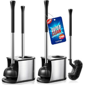 مجموعة مكبس المرحاض والفرشاة من هاميتور: فرشاة وعاء من الفولاذ المقاوم للصدأ 2 في 1 مع حامل، شعيرات منحنية للتنظيف العميق وأداة فك انسداد شديدة التحمل، تصميم مدمج للمنزل والفندق، فضي، عبوتان in Kuwait