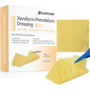 Jointown Xeroform Petrolatum Dressing Bandages, Soft Mesh Gauze Patch for Wound Care, Burns, Lacerations, Skin Grafts & Surgical Incisions, 4"x4", 25 Individual Pack in Kuwait