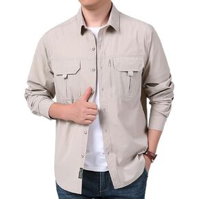 Mens Sun Protection Fishing Shirt Button Down Long Sleeve Zipper Pockets for Casual Work Travel Safari Camping Hiking in Kuwait
