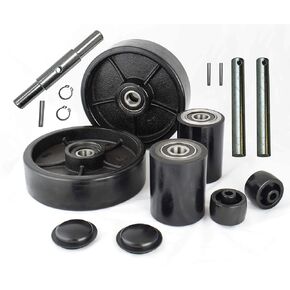 مجموعة كاملة من رافعة البليت/الشاحنة مع محاور، وعجلات قيادة مقاس 7 بوصة × 2 بوصة مع بكرة تحميل أمامية مقاس 3 بوصة × 3.75 بوصة مع محامل معرف 20 مم مداس بولي أسود مع أسطوانة خروج الدخول وأغطية واقية in Kuwait