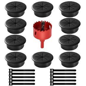 حلقة تثبيت للمكتب مقاس 2 بوصة (50 مم) 10 قطع، غطاء فتحة مكتب للكابلات، غطاء فتحة سلك مكتب أسود لطاولة المكتب والمنزل، حلقة تثبيت الكابل مع ملحق مثقاب منشار ثقب واحد و10 روابط كابلات in Kuwait