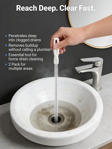 Drain Cleaning Brush, 2-Pack Flexible Pipe Cleaner Tool for Sink Shower and Bathtub Drain, Long Hair and Debris Remover Snake with Handle and Hook, Reusable Clog Removal Accessory in Saudi Arabia
