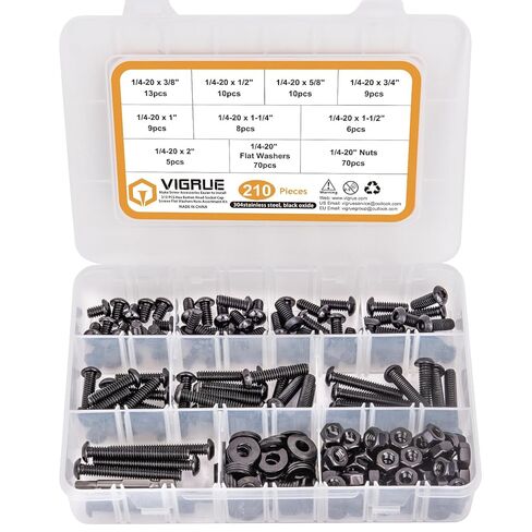 VIGRUE 1/4-20 x 3/8" to 2" Button Head Socket Cap Bolts Screws Nuts Washers Assortment Kit, Black Oxide 304 Stainless Steel 18-8, Allen Hex Drive,210pcs in Kuwait