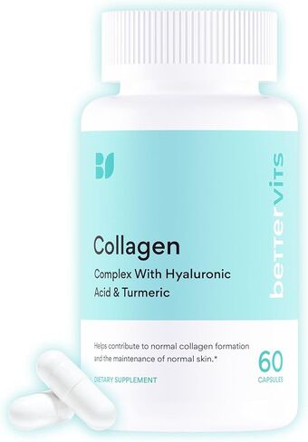 مركب ببتيدات الكولاجين من Bettervits مع حمض الهيالورونيك والكركم | مكملات الكولاجين البحري المتحلل للنساء والرجال | الكولاجين مع فيتامين C للبشرة والشعر والأظافر والمفاصل - 60 كبسولة in Kuwait
