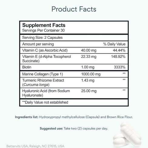 مركب ببتيدات الكولاجين من Bettervits مع حمض الهيالورونيك والكركم | مكملات الكولاجين البحري المتحلل للنساء والرجال | الكولاجين مع فيتامين C للبشرة والشعر والأظافر والمفاصل - 60 كبسولة in Kuwait
