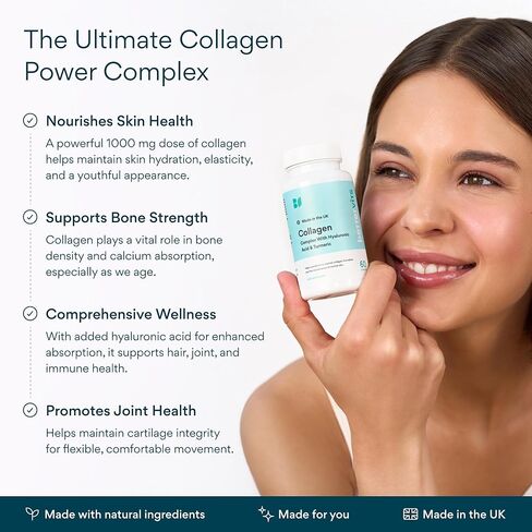 مركب ببتيدات الكولاجين من Bettervits مع حمض الهيالورونيك والكركم | مكملات الكولاجين البحري المتحلل للنساء والرجال | الكولاجين مع فيتامين C للبشرة والشعر والأظافر والمفاصل - 60 كبسولة in Kuwait