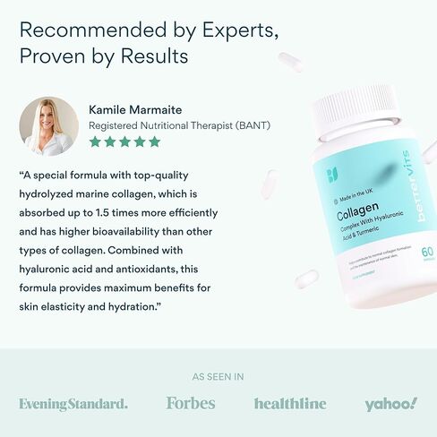 مركب ببتيدات الكولاجين من Bettervits مع حمض الهيالورونيك والكركم | مكملات الكولاجين البحري المتحلل للنساء والرجال | الكولاجين مع فيتامين C للبشرة والشعر والأظافر والمفاصل - 60 كبسولة in Kuwait