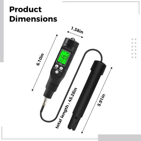 Generic مقياس الأكسجين المذاب لأحواض السمك وتربية الأحياء المائية، جهاز اختبار جودة المياه الاحترافي اللاسلكي، إضاءة خلفية LCD، مسبار 15 سم in Kuwait
