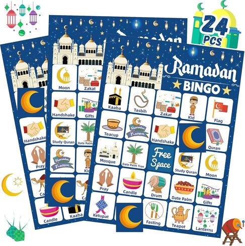 لعبة رمضان بينجو أنشطة رمضان للأطفال مع 24 بطاقة لاعبين، بطاقات عيد مبارك بينجو لرمضان مبارك، هدايا الحفلات العائلية، هدايا الفصل الدراسي، لوازم الهدايا in Kuwait