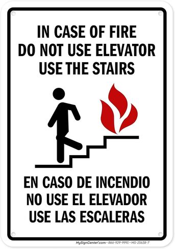 In Case Of Fire Do Not Use Elevator Use The Stairs Bilingual Sign, Fire Safety Sign, 12x18 Inches, 55 mil thick HDPS (high density polystyrene), Made in USA by My Sign Center in Saudi Arabia
