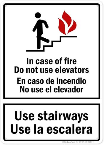 In Case Of Fire Do Not Use Elevators Use Stairways Bilingual Sign, 18x24 Inches, 55 mil thick HDPS (high density polystyrene), Made in USA by My Sign Center in Kuwait