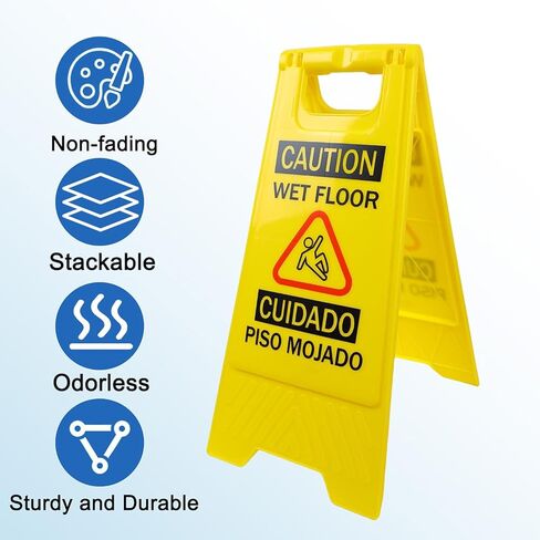 12 حزمة 24 بوصة تحذير أرضية مبللة، علامات تحذير السلامة ثنائية اللغة صفراء على الوجهين، إطار علامات أرضية مبللة آمنة تجارية، قابلة للطي لسهولة التخزين (12) in Kuwait