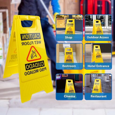 12 حزمة 24 بوصة تحذير أرضية مبللة، علامات تحذير السلامة ثنائية اللغة صفراء على الوجهين، إطار علامات أرضية مبللة آمنة تجارية، قابلة للطي لسهولة التخزين (12) in Kuwait