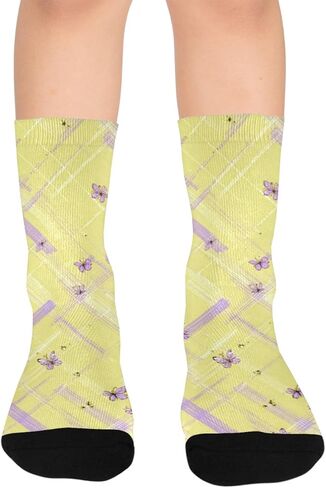 جوارب المشي لمسافات طويلة باللون الأصفر بطبعة من القماش القطني الخزامي - جوارب شتوية حرارية سميكة دافئة للأولاد والبنات للمدرسة، والارتداء اليومي والأنشطة الخارجية in Kuwait