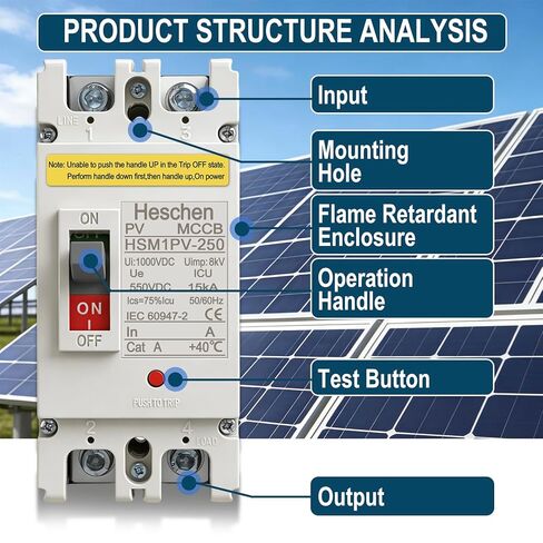 200A DC Molded Case Circuit Breaker, HSM1PV-250, 2 Poles, 550V, for Solar PV System Solar Panels Grid System in Kuwait
