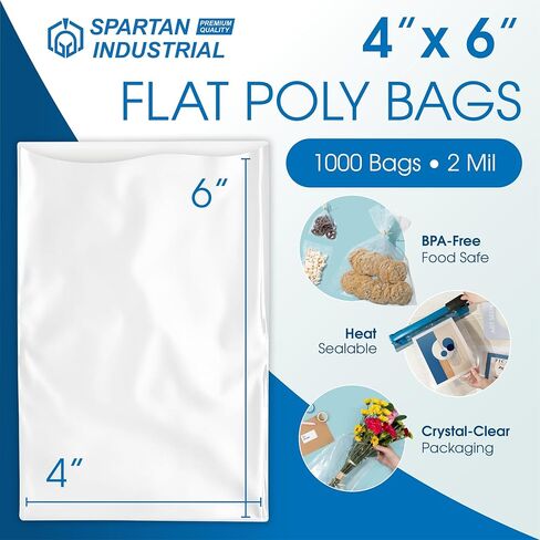4" X 6" Open-End Flat Poly Bags (1000 Count) - 2 Mil Clear Plastic - No Adhesive Strip - For Packaging, Shipping, Storage - Spartan Industrial in Saudi Arabia