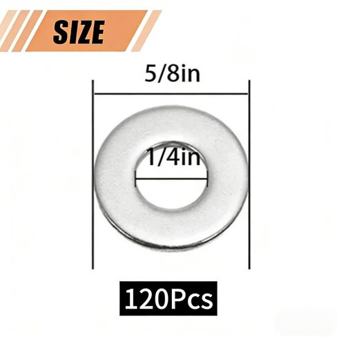120 قطعة من غسالات مسطحة من الفولاذ المقاوم للصدأ مقاس 1/4 بوصة، مقاس 6 مم (0.236 بوصة) معرف 16 مم (5/8 بوصة) OD، 18-8 (304) غسالات SS لمسامير 1/4 وM6 - مقاومة للتآكل، للاستخدام الداخلي والخارجي in Kuwait
