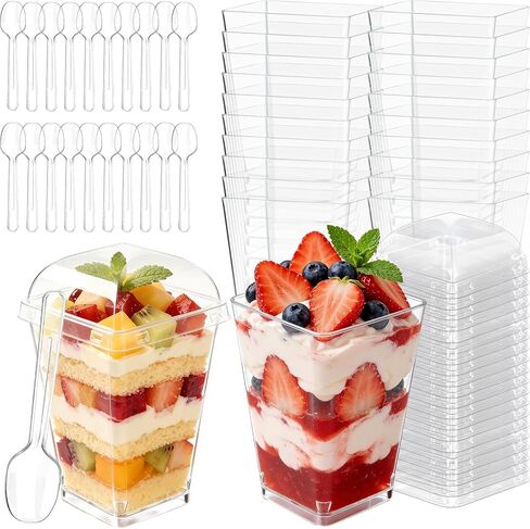 أكواب حلوى بلاستيكية مع أغطية وملاعق، أكواب زبادي صغيرة شفافة مع أغطية، أكواب صغيرة للحلوى مع ملاعق، أكواب مربعة للمقبلات للحفلات وبودنغ الفاكهة والآيس كريم 20 عبوة in Kuwait