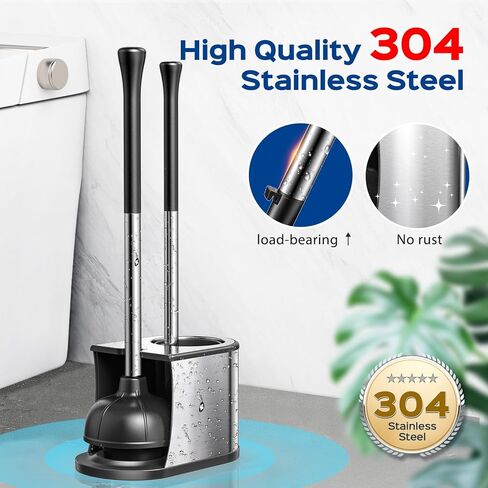 مجموعة مكبس المرحاض والفرشاة من هاميتور: فرشاة وعاء من الفولاذ المقاوم للصدأ 2 في 1 مع حامل، شعيرات منحنية للتنظيف العميق وأداة فك انسداد شديدة التحمل، تصميم مدمج للمنزل والفندق، فضي، عبوتان in Kuwait