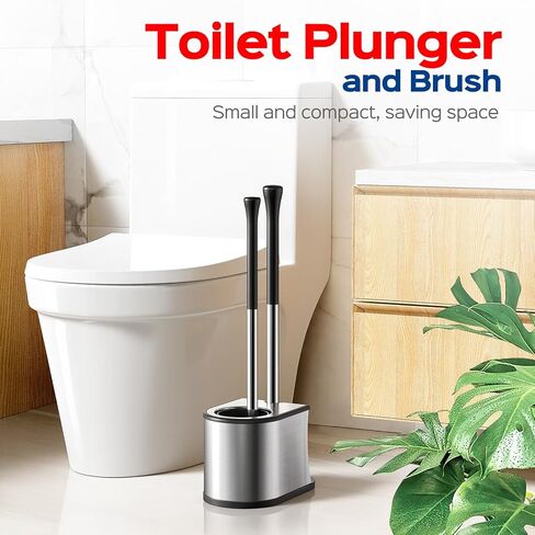 مجموعة مكبس المرحاض والفرشاة من هاميتور: فرشاة وعاء من الفولاذ المقاوم للصدأ 2 في 1 مع حامل، شعيرات منحنية للتنظيف العميق وأداة فك انسداد شديدة التحمل، تصميم مدمج للمنزل والفندق، فضي، عبوتان in Kuwait