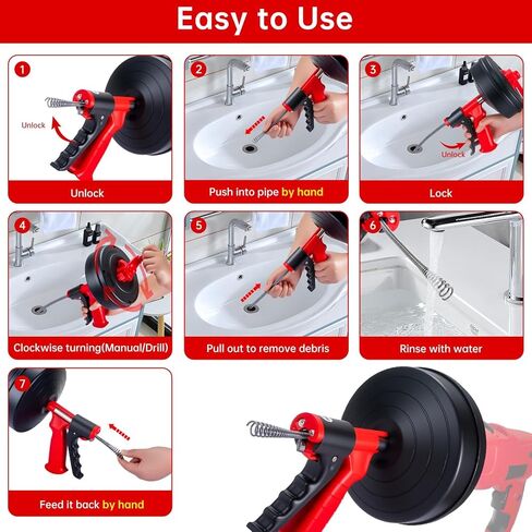 مزيل سدادة تصريف شعر الثعبان، ملحق مثقاب ثعبان للمرحاض من سيفترول، مزيل سدادة الصرف الصحي للحمام والمطبخ وحوض الاستحمام مع قفازات (33 قدم/10 متر) in Kuwait
