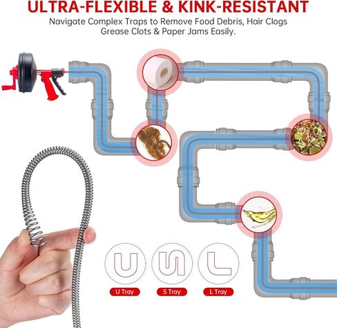 مزيل سدادة تصريف شعر الثعبان، ملحق مثقاب ثعبان للمرحاض من سيفترول، مزيل سدادة الصرف الصحي للحمام والمطبخ وحوض الاستحمام مع قفازات (33 قدم/10 متر) in Kuwait