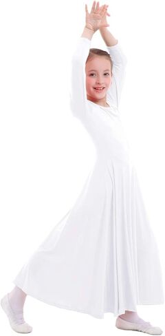 فستان ZX Girl بأكمام طويلة للرقص الكامل الطول والتأرجح الغنائي للعبادة الليتورجية، أبيض، 3-4T in Kuwait