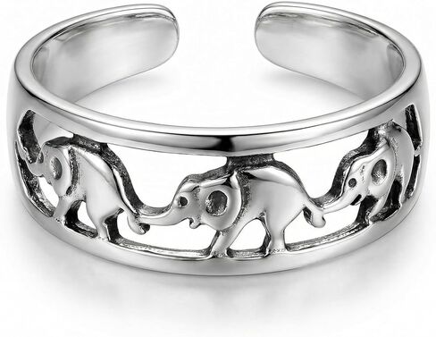 925 Sterling Silver Elephant Animal Toe Ring/Knuckle Ring - Adjustable Small Dainty Row of Elephants Ring | Handmade by MiYa Jewelry Creations in Kuwait