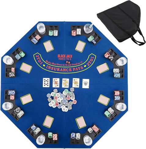 GOFLAME 8-Player Foldable Poker Table Top, 48" Casino Texas Hold’em Game Table with Cup Holders & Chip Trays, Anti-Slip Blackjack Poker Table Topper with Carrying Bag for Family Games, Casino, Blue in Kuwait