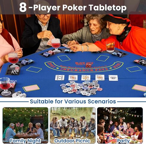 GOFLAME 8-Player Foldable Poker Table Top, 48" Casino Texas Hold’em Game Table with Cup Holders & Chip Trays, Anti-Slip Blackjack Poker Table Topper with Carrying Bag for Family Games, Casino, Blue in Kuwait