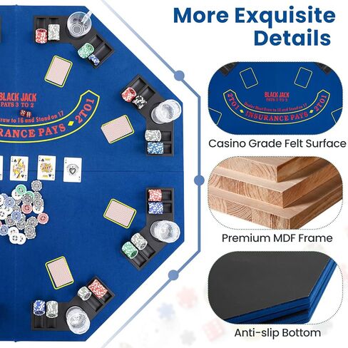 GOFLAME 8-Player Foldable Poker Table Top, 48" Casino Texas Hold’em Game Table with Cup Holders & Chip Trays, Anti-Slip Blackjack Poker Table Topper with Carrying Bag for Family Games, Casino, Blue in Kuwait