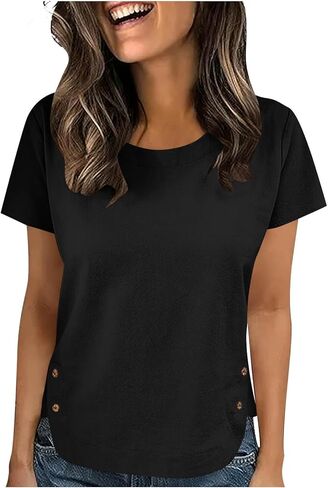 Linen Tops for Women 2026 Vintage Shirt Short Sleeve Crewneck Shirts Business Casual Outfit Basic Tees Summer Top 2026 in Kuwait