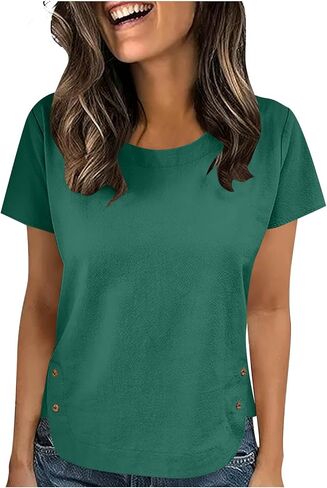 Linen Tops for Women 2026 Vintage Shirt Short Sleeve Crewneck Shirts Business Casual Outfit Basic Tees Summer Top 2026 in Kuwait
