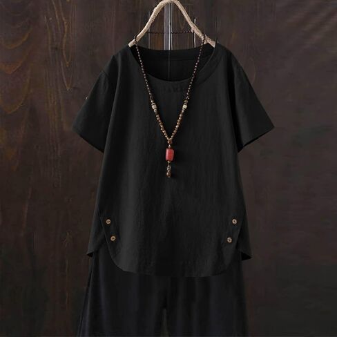 Linen Tops for Women 2026 Vintage Shirt Short Sleeve Crewneck Shirts Business Casual Outfit Basic Tees Summer Top 2026 in Kuwait
