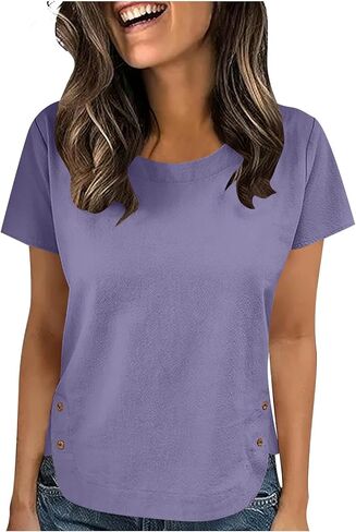 Linen Tops for Women 2026 Vintage Shirt Short Sleeve Crewneck Shirts Business Casual Outfit Basic Tees Summer Top 2026 in Kuwait