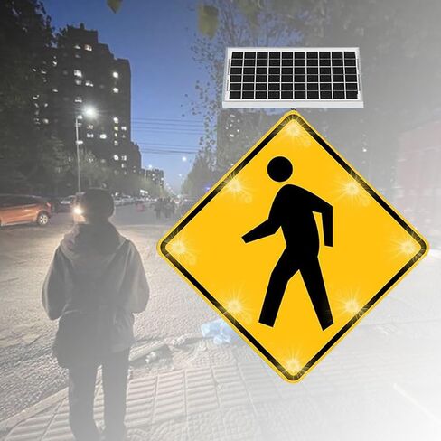 علامة عبور المشاة LED الوامضة، طبقة عاكسة من الدرجة الهندسية، علامة تحذير حركة المرور في الشوارع تعمل بالطاقة الشمسية، 24 بوصة × 24 بوصة، إطار معدني عالي التحمل مقاوم للصدأ (أ، 61 سم/24 بوصة) in Saudi Arabia