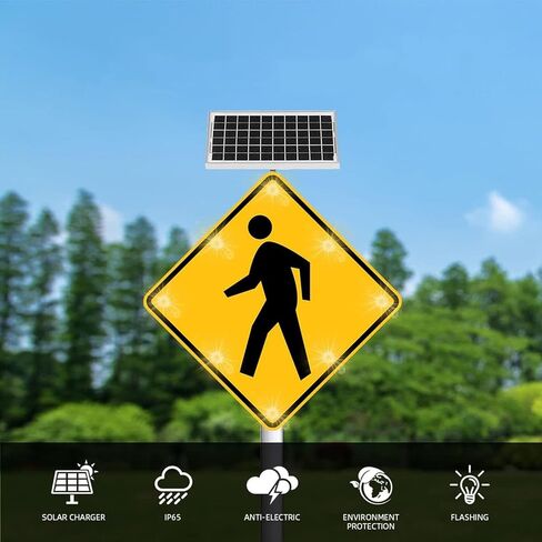 علامة عبور المشاة LED الوامضة، طبقة عاكسة من الدرجة الهندسية، علامة تحذير حركة المرور في الشوارع تعمل بالطاقة الشمسية، 24 بوصة × 24 بوصة، إطار معدني عالي التحمل مقاوم للصدأ (أ، 61 سم/24 بوصة) in Kuwait